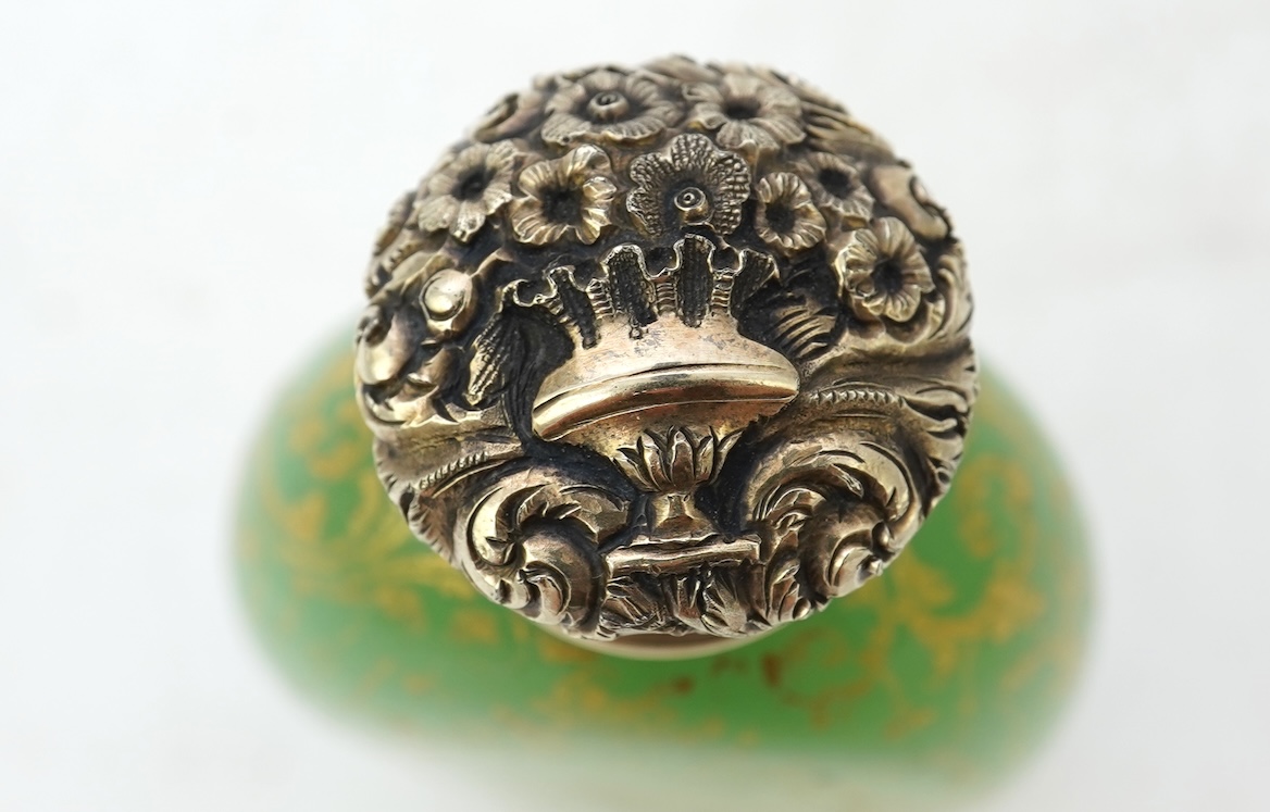 A late 19th century gilt white metal mounted green opaline glass scent flask, by Sampson Mordan & Co